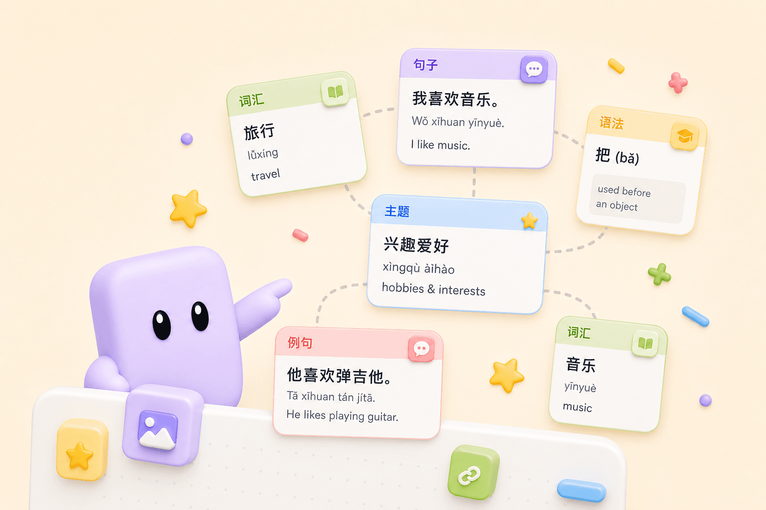 Kalabi mascot arranging Chinese learning cards on an infinite canvas
