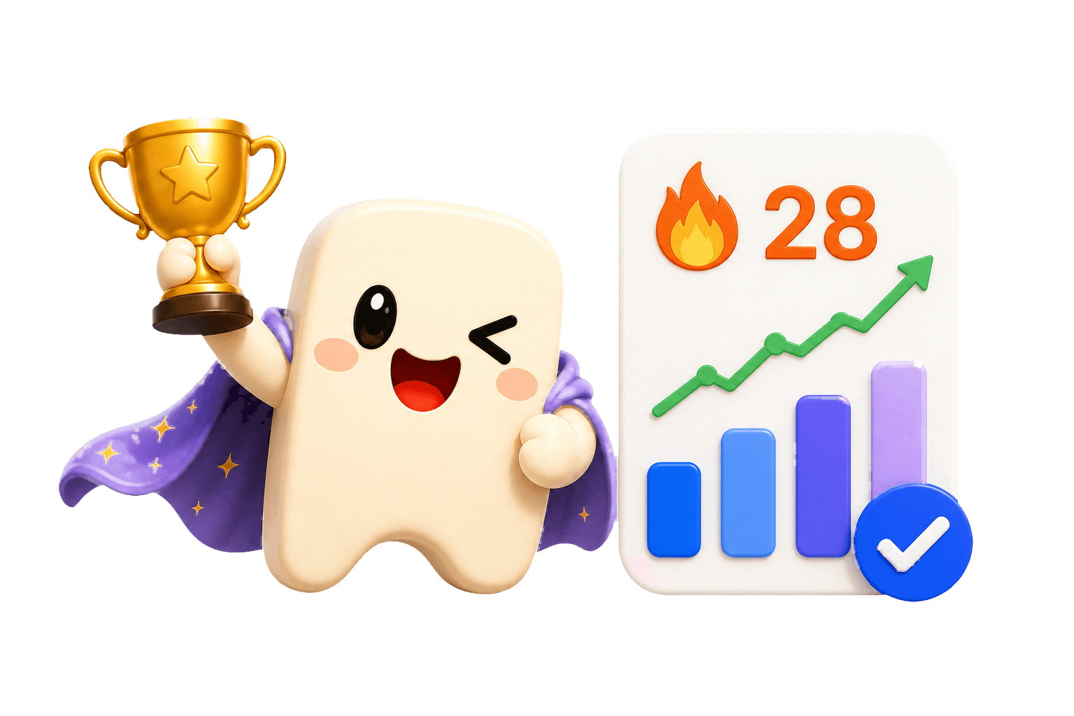 Kalabi holding a trophy beside a rising learning progress chart